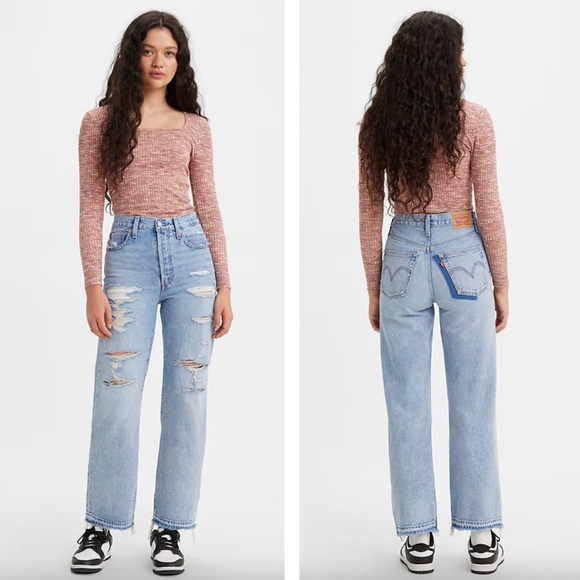 Levi's - Ribcage Straight Ankle Jeans - Light Indigo Destructed - Blue - Picture 1 of 10